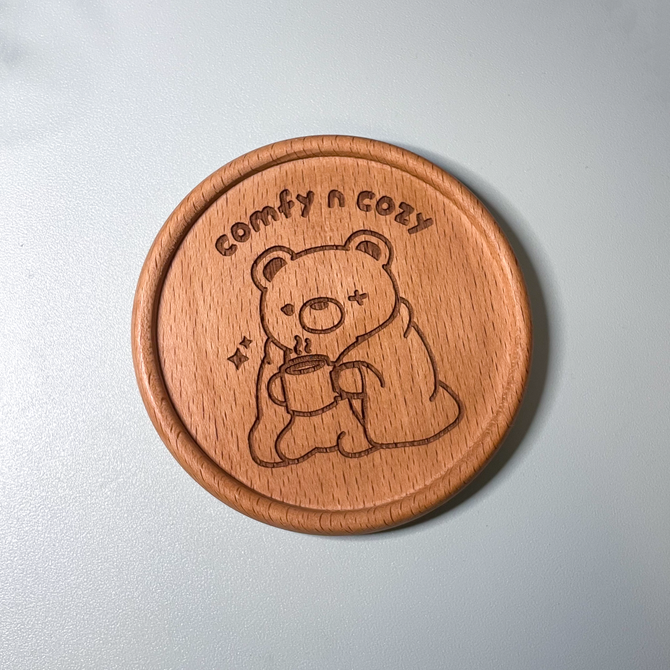 "Comfy and Cozy" deadlybearhug Bear Wooden Beech Coaster for Home