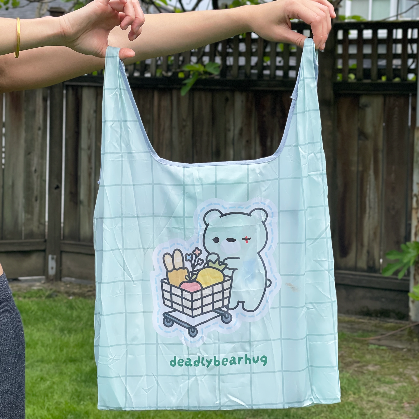 deadlybearhug grocery tote bag (foldable with attached pocket)