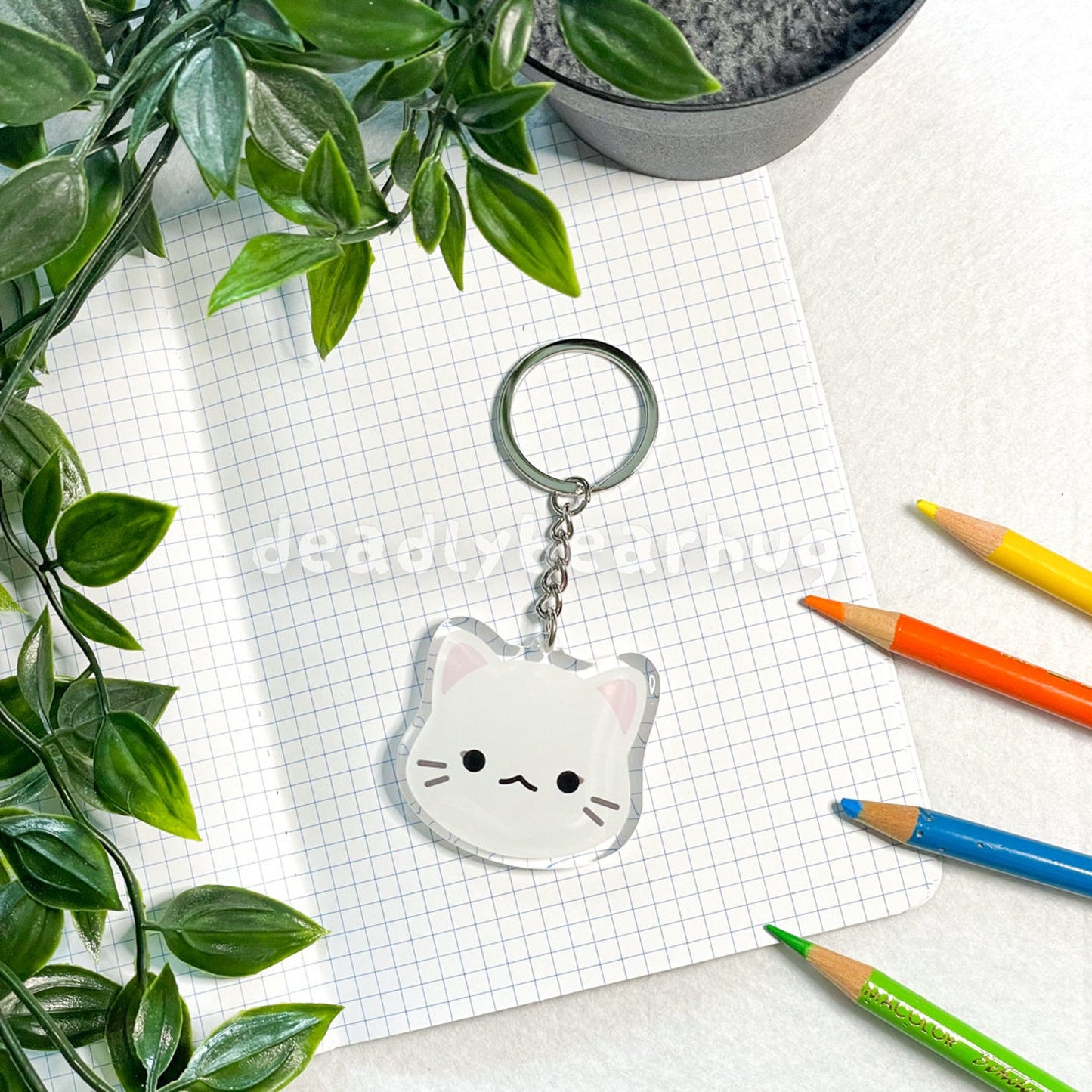 Cat Kitty Double-Sided Epoxy Acrylic Keychain / Black White Grey