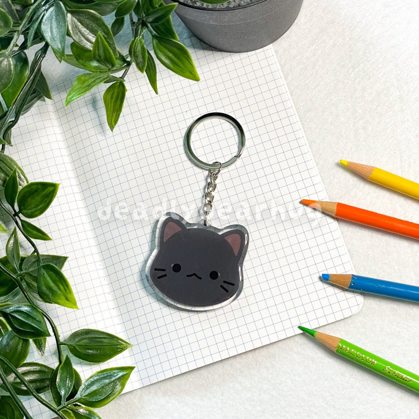 Cat Kitty Double-Sided Epoxy Acrylic Keychain / Black White Grey